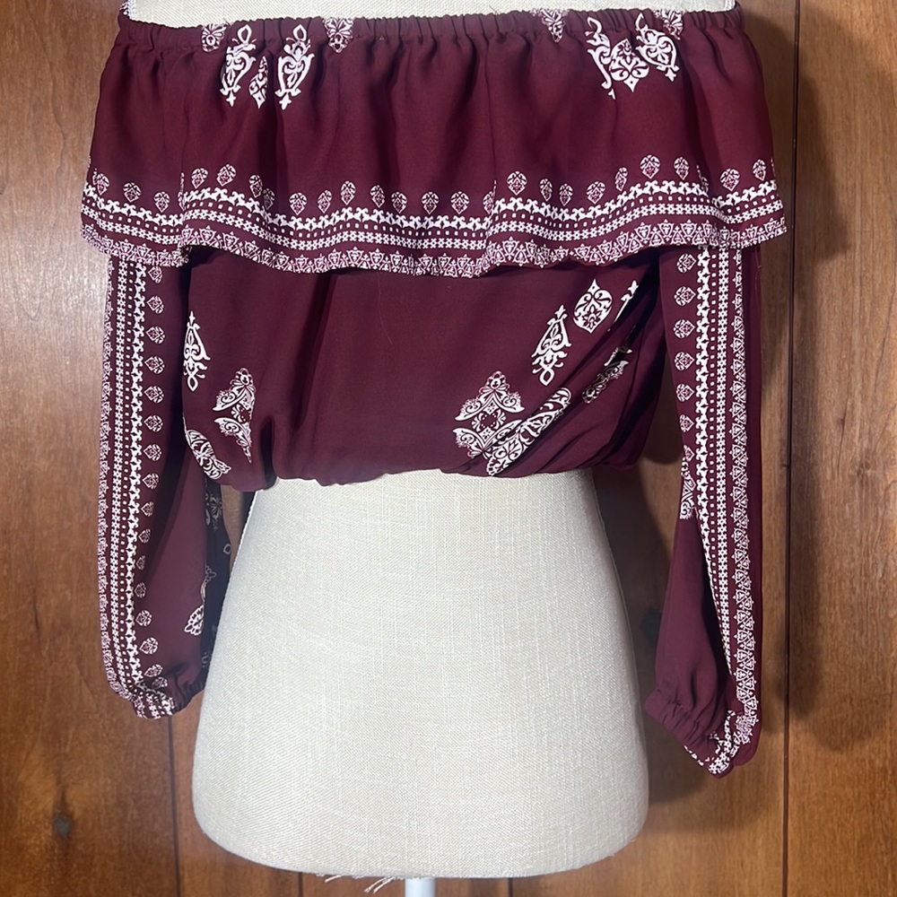 Boho crop top off the shoulder bohemian print ruffle neckline long sleeve top Xs - Picture 4 of 8
